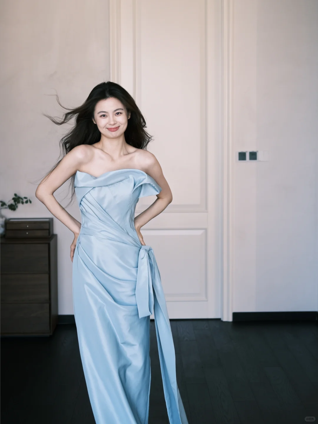 Elegangt Blue A Line Strapless Pleated Bow Satin Prom Dress Party Dresses SH4585