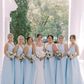 Romantic Baby Blue A Line V Neck Satin Long Bridesmaid Dress SH6316