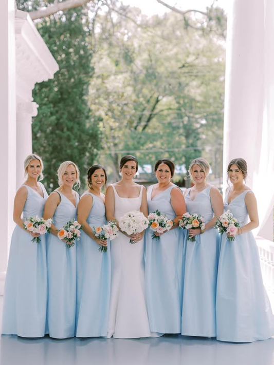 Gentle Baby Blue A Line V Neck Satin Long Bridesmaid Dress SH6577