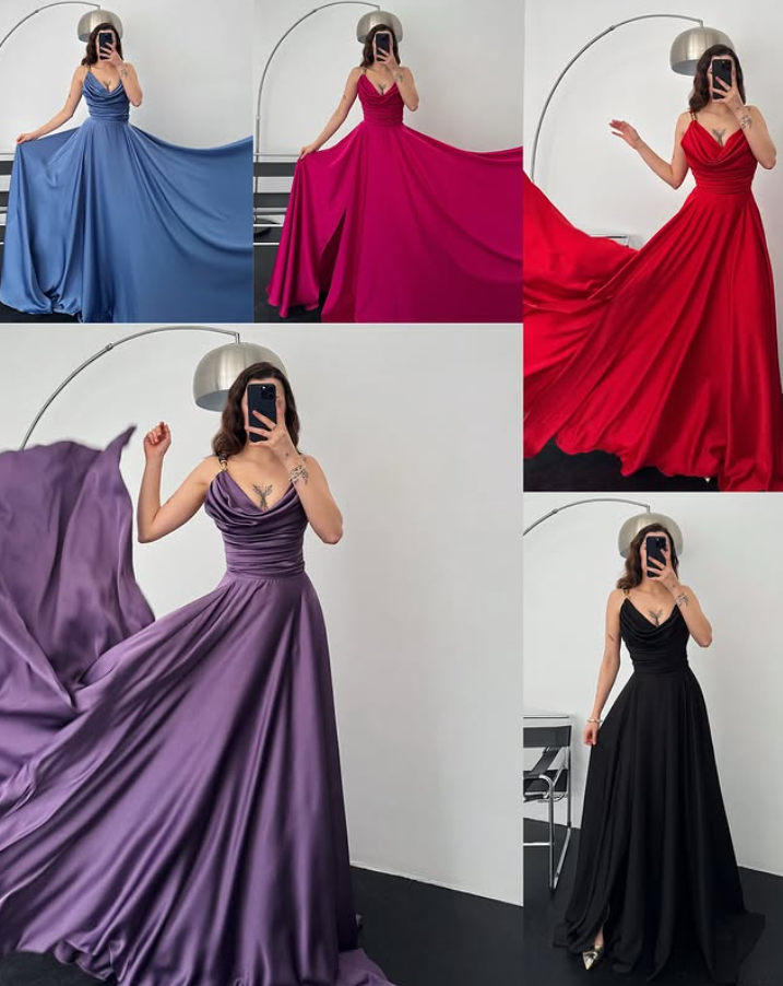 Purple A Line Straps Pleated Satin Long Prom Dress Party Dress SH4843