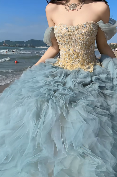Dreamy Blue Ball Gown Off the Shoulder Beaded Tulle Prom Dress 16th Birthday Dress SH5028