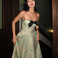 Vintage A Line Strapless Print Floral Green Satin Long Prom Dress Graduation Prom Dress SH5300