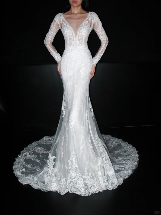 Elegant Mermaid Long Sleeve V Neck Lace Tulle Long Train Wedding Dress SH6614