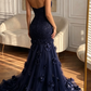 Navy Blue Mermaid Halter Beaded Floral Tulle Prom Dress Evening Dress SH5499