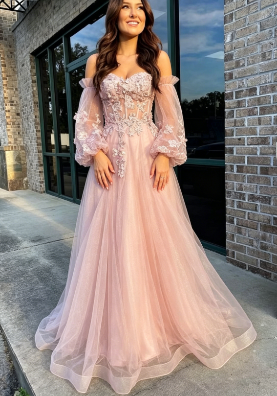 Pink Tulle Strapless Puff Sleeve A-Line Prom Dress SH356