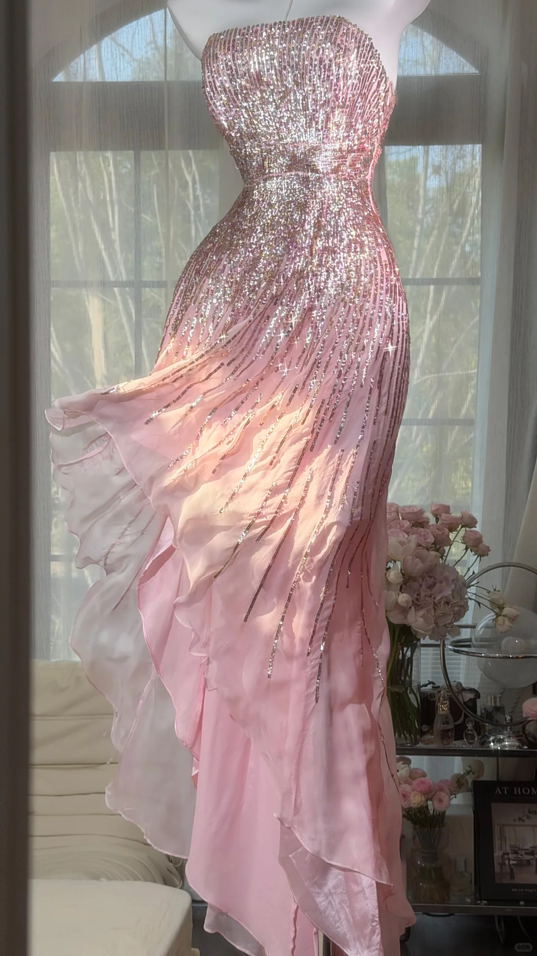 Pink Fairy A Line Strapless Shiny Sequin Chiffon Prom Dress Graduation Prom Dress SH5341