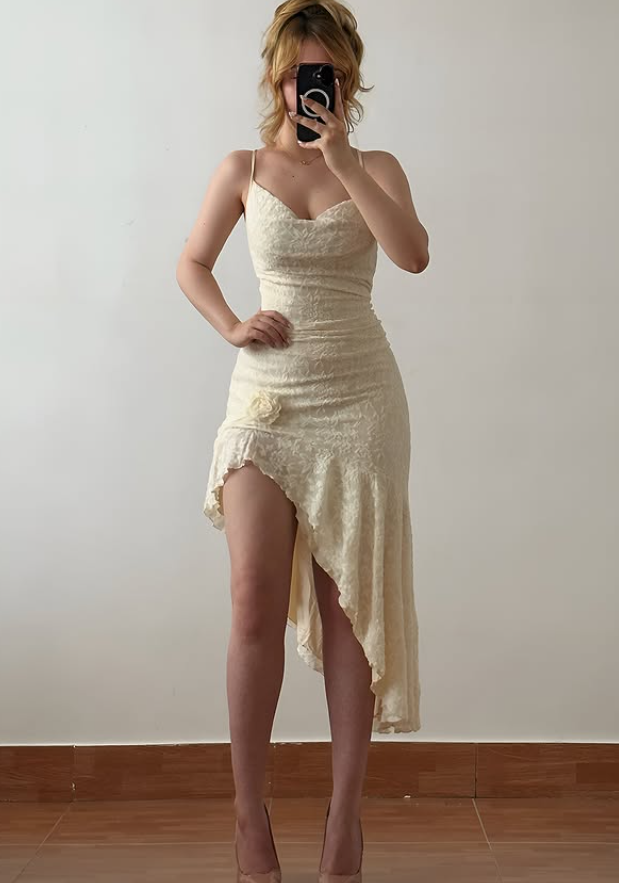 Cute Light Yellow Sheath Spaghetti Straps Lace Prom Dress Evening Dress SH6838