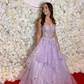Pretty A Line Spaghetti Straps Lilac Lace Layered Organza Long Prom Dress Date Dress SH6505