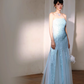 Blue Classy A Line Strapless Sequin Tulle Long Evening Dress Gown Dress SH3587
