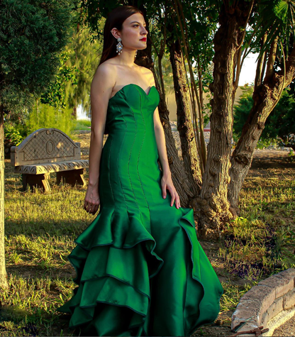 Charming Mermaid Sweetheart Ruffle Green Satin Long Prom Dress Evening Dress SH2011