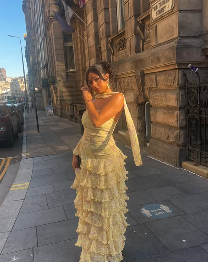Glamorous Sleeveless Strapless Yellow Print Floral Chiffon Long Prom Dress with Ruffles SH5462