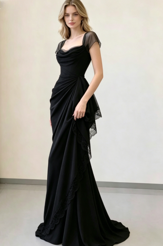 Elegant Black Mermaid Straps Pleated Chiffon Prom Dress Evening Dress SH5498