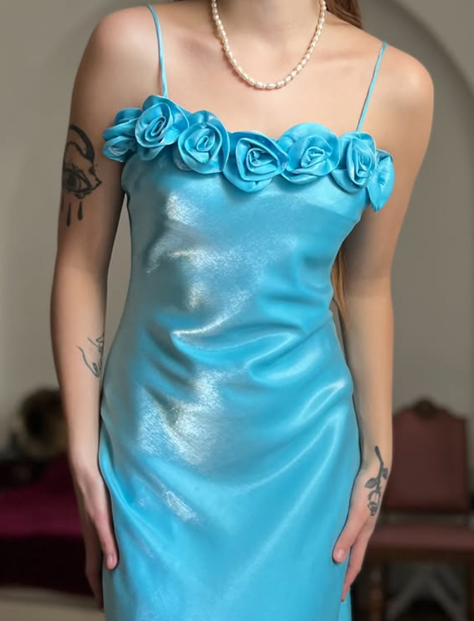 Dazzling Blue A Line Straps Floral Satin Prom Dress Evening Dress Date Dress SH5631