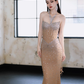 Exquisite Rhinestone Champagne Mermaid Sweetheart Neck Black Tulle Long Evening Dress Gown Dress SH3585