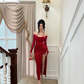 Sexy Sheath Long Sleeve Red Velvet Prom Dress Evening Dress with Slit SH4901