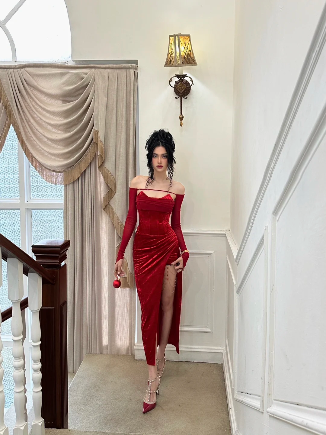 Sexy Sheath Long Sleeve Red Velvet Prom Dress Evening Dress with Slit SH4901