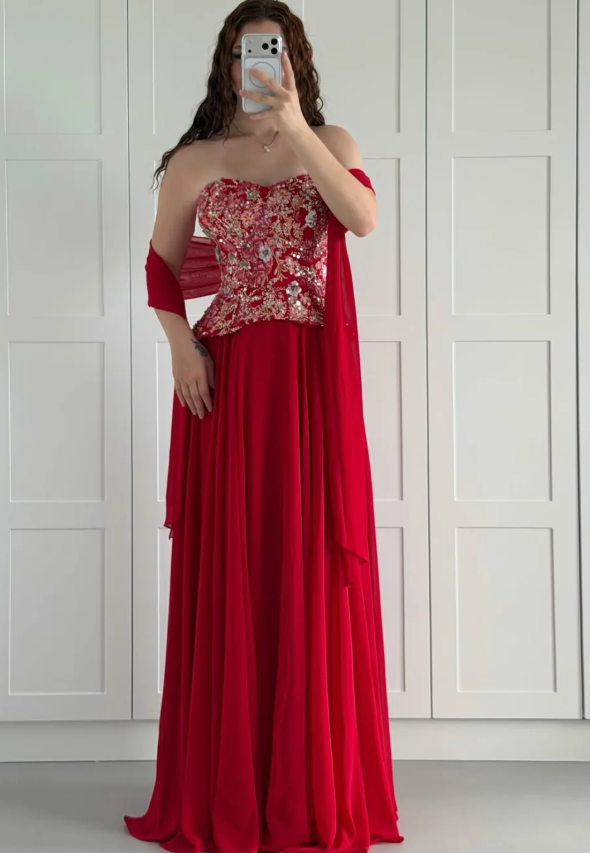Red A Line Strapless Exquisite Embroidery Chiffon Long Prom Dress Evening Dress SH7292