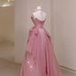 Pink A Line Strapless Floral Tulle Prom Dress Graduation Prom Dress SH5270