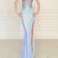 Dazzling Butterfly Beaded Sheath Spaghetti Strap Sequin Slit Prom Dress Evening Dress SH6761