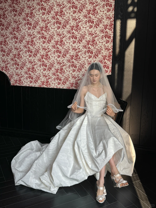 Simple Ball Gown Strapless White Satin Long Wedding Dress SH4754