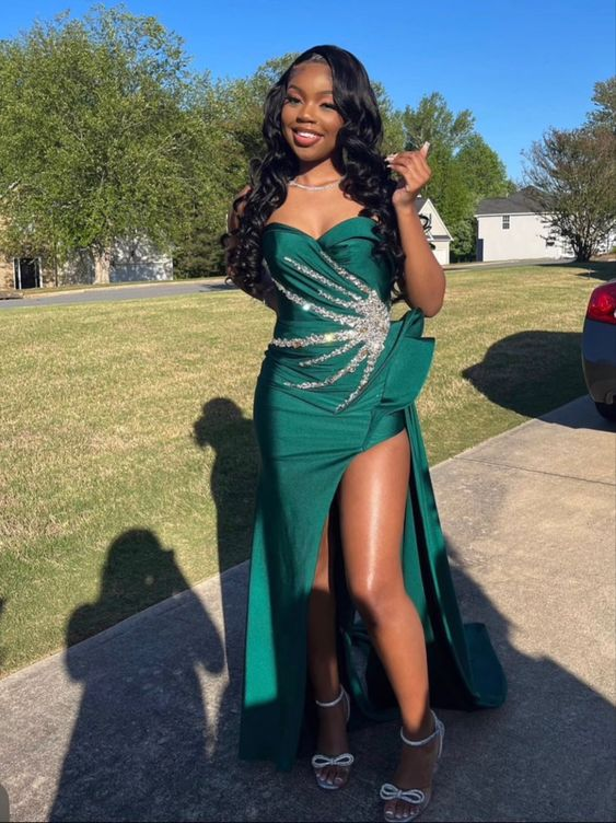 Green Satin Sweetheart Neck Beaded Mermaid Slit Prom Dress Evening Dre ...