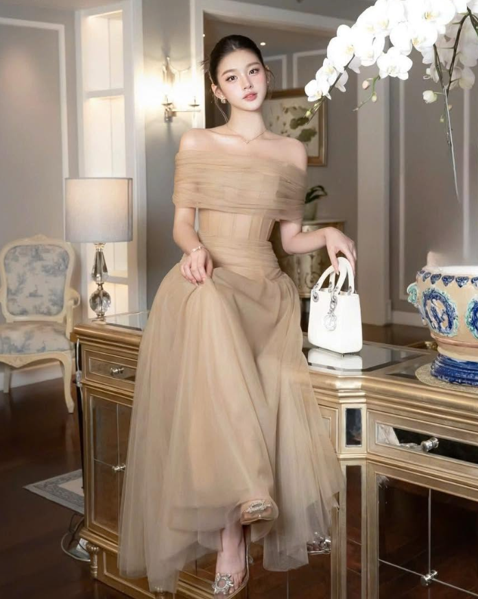 Simple A Line Off the Shoulder Mocha Tulle Long Prom Dress Evening Dress SH4671