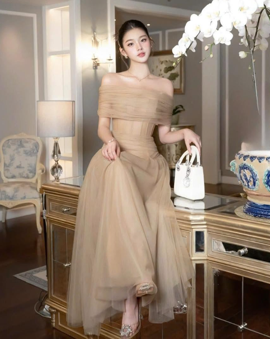 Simple A Line Off the Shoulder Mocha Tulle Long Prom Dress Evening Dress SH4671