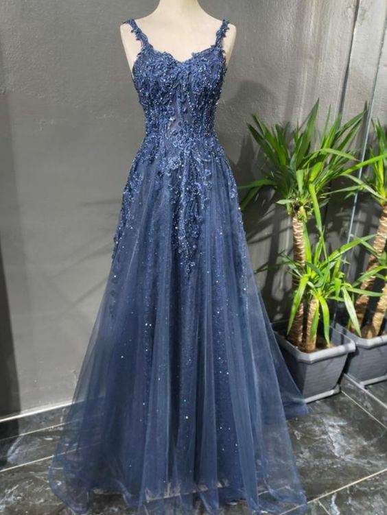 Blue Tulle Applique Long Evening Dress Formal Prom Dress SH902
