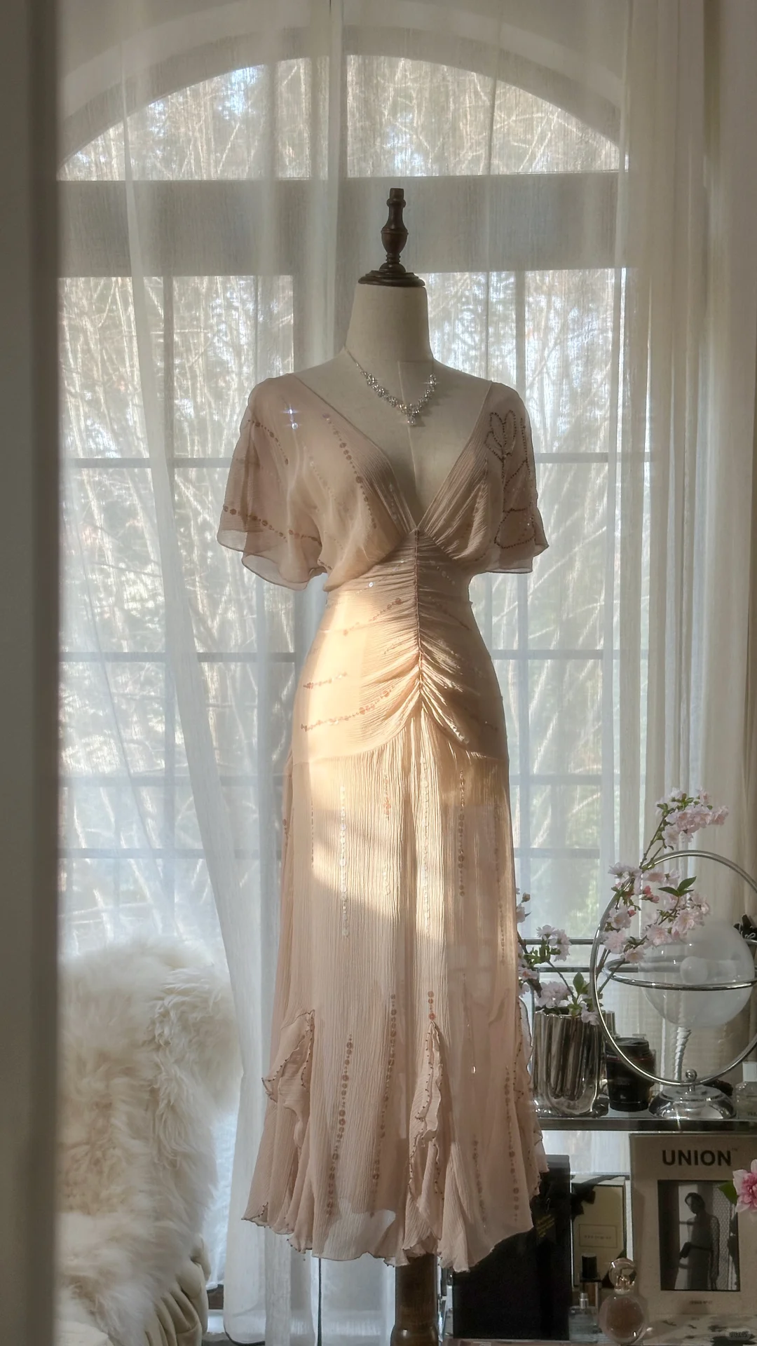 Gentle A Line V Neck Sequin Chiffon Party Dress Wedding Guest Dress SH2957