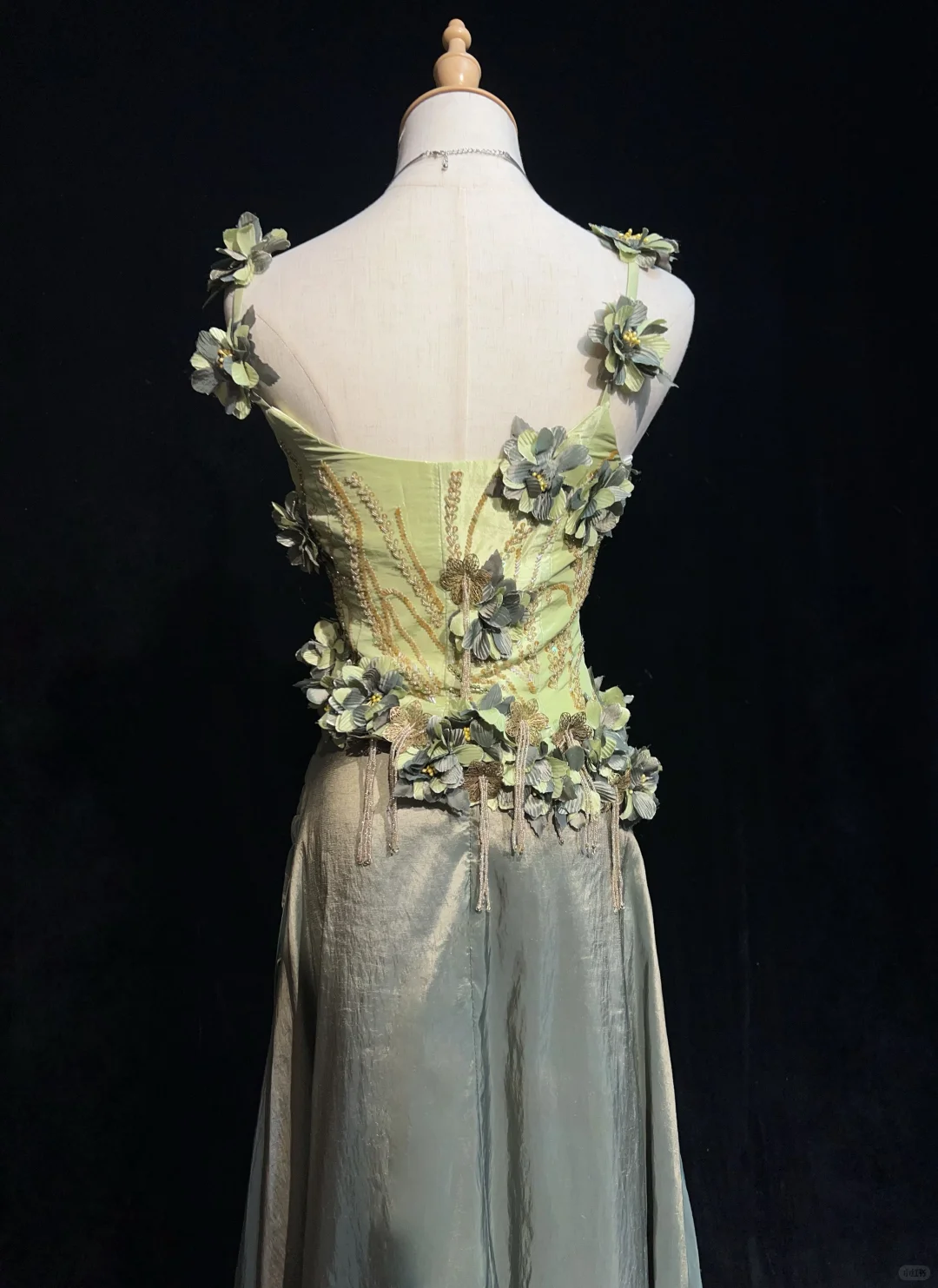 Vintage Green A Line Spaghetti Straps Beaded 3D Flower Satin Prom Dress Evening Dress SH3334