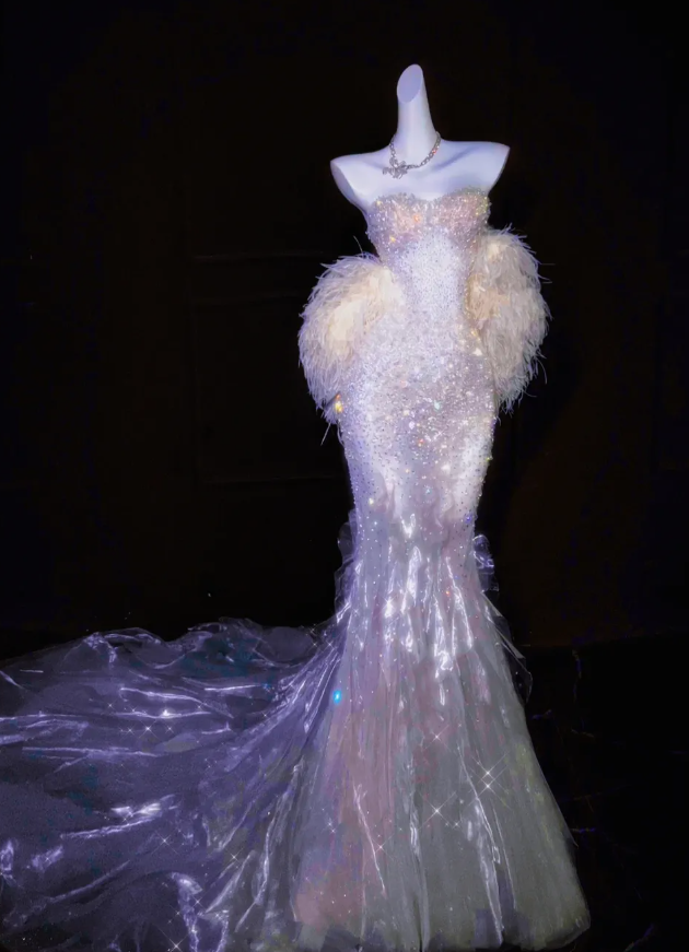 Dreamy Mermaid Sweetheart Neck Sequin Feather Satin Long Prom Dress SH3246