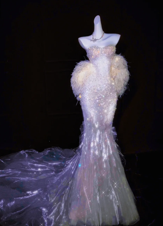 Dreamy Mermaid Sweetheart Neck Sequin Feather Satin Long Prom Dress SH3246