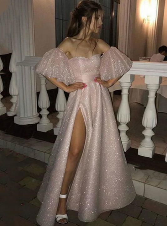 Pink Tulle Sequins Off the Shoulder Prom Dress With Split SH1263