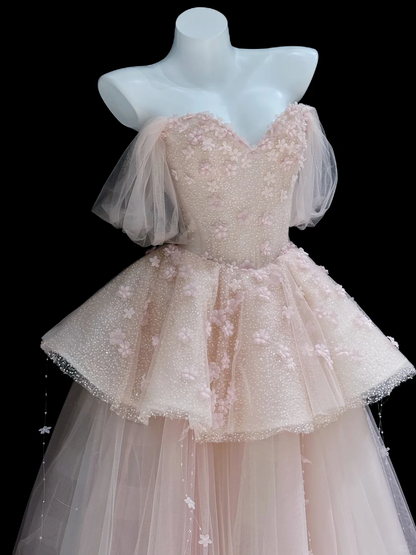 Pink Ball Gown Off the Shoulder Beaded Sequin Floral Tulle Prom Dresses Birthday Dresses SH5047