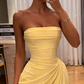 Simple Yellow Sheath Strapless Pleated Chiffon Prom Dress Evening Dress SH6267