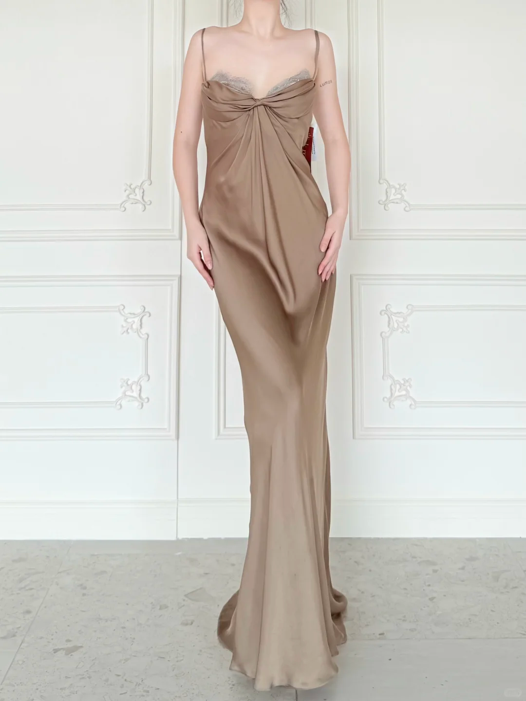 Simple Sheath Spaghetti Strap Brown Satin Long Prom Dress Evening Dress SH6764