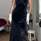 Vintage Sheath Spaghetti Strap Dark Blue Lace Velvet Prom Dress Evening Dress SH6076