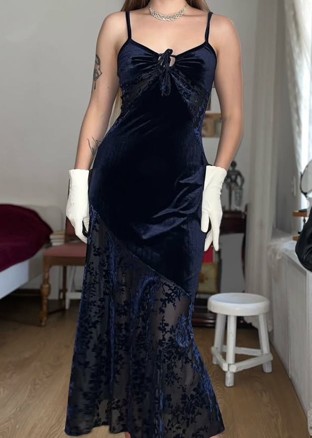 Vintage Sheath Spaghetti Strap Dark Blue Lace Velvet Prom Dress Evening Dress SH6076