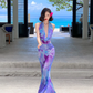 Two Piece Mermaid Halter Purple Print Floral Chiffon Long Prom Dress Outfits SH4332