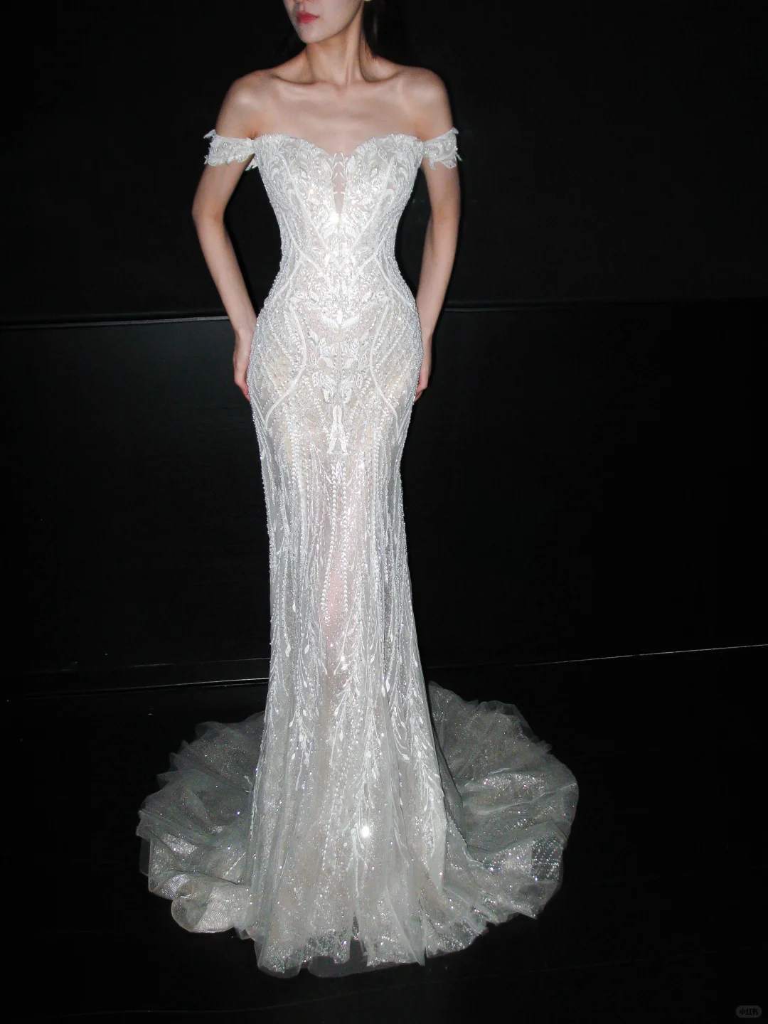 Luxurious Mermaid Off the Shoulder White Beaded Sequin Tulle Long Wedding Dress SH8921