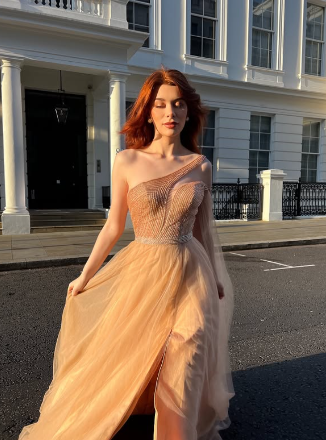 Flowy A Line One Shoulder Beaded Tulle Long Prom Dress Party Dress SH4685