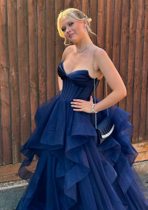Navy Blue A Line Sweetheart Neck Sequin Ruffle Tulle Prom Dress Birthday Dress SH9018