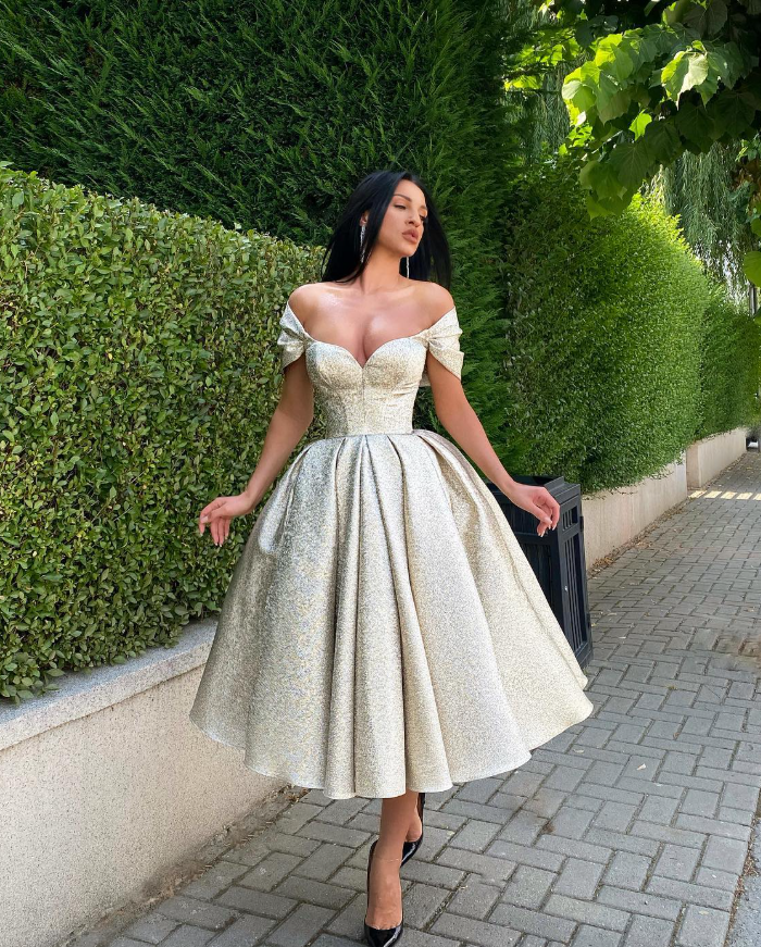 Shiny Champagne A Line Off the Shoulder Sequin Prom Dress Evening Dress SH6119