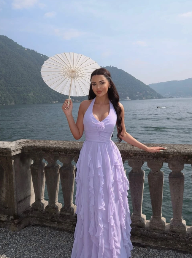 Gentle Purple A Line Halter Ruffle Chiffon Long Prom Dress Wedding Guest Dress SH5163