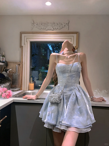 Blue A Line Spaghetti Strap Satin Short Homecoming Dress Outfits SH5832