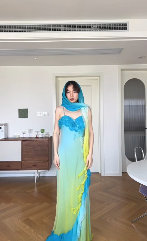 Vintage Sheath Spaghetti Strap Ruffle Yellow Blue Ombre Chiffon Prom Dress Wedding Guest Dress SH4550