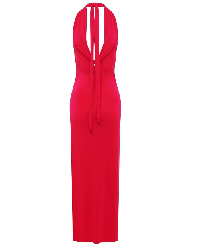 Sexy Sheath Halter Red Satin Long Prom Dress Evening Dress SH1979