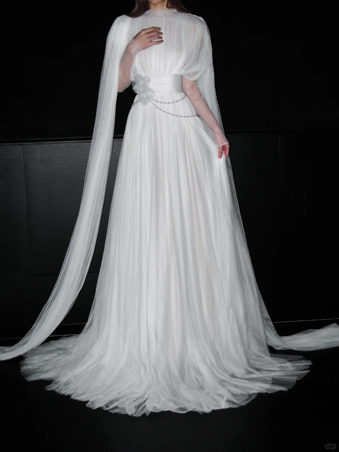 Flowy White Tulle A Line Long Sleeve High Neck Wedding Dress SH5972