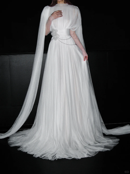 Flowy White Tulle A Line Long Sleeve High Neck Wedding Dress SH5972