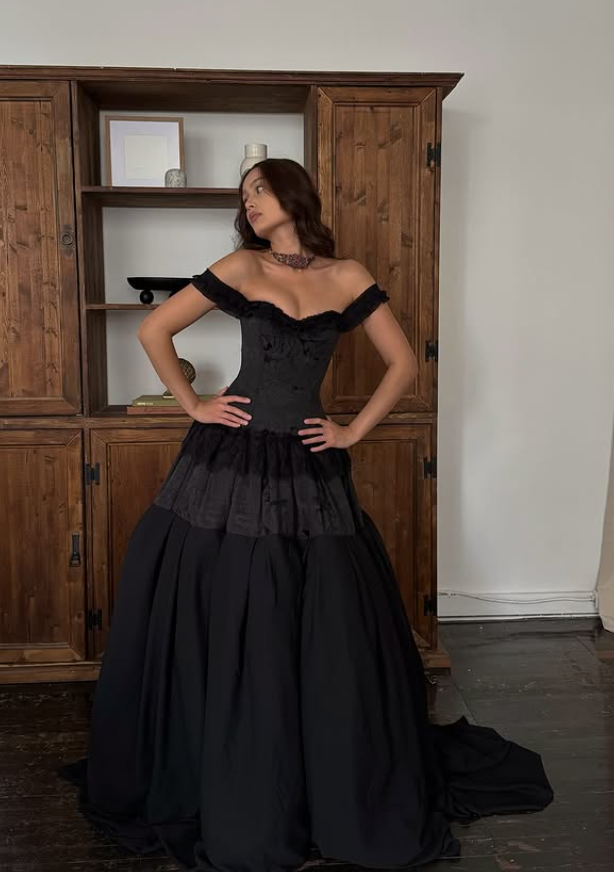 Black Ball Gown Off the Shoulder Satin Lace Prom Dress 16th Birthday Dress SH4658
